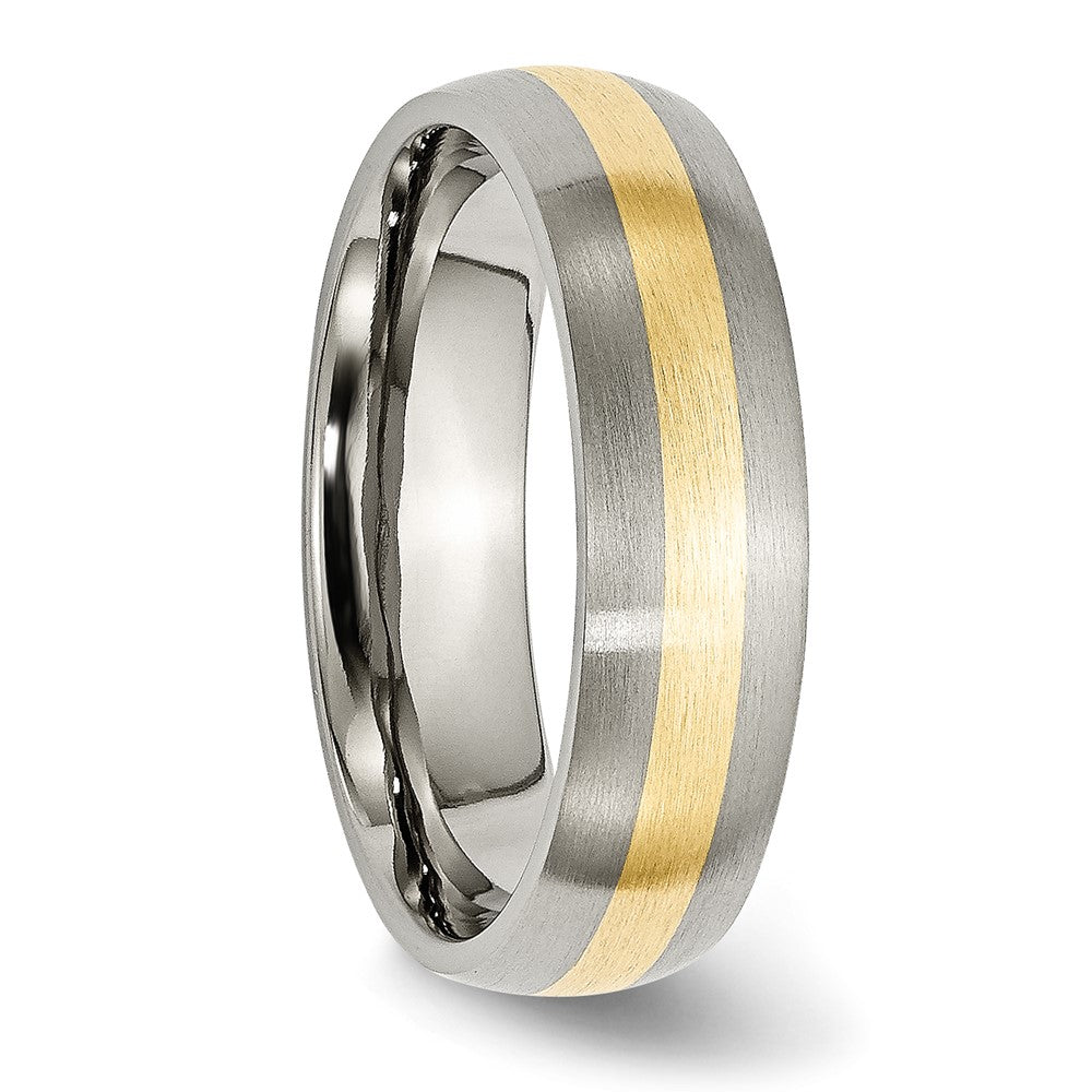 Alternate view of the 6mm Titanium &amp; 14k Gold Inlay Brushed Domed Standard Fit Band by The Black Bow Jewelry Co.