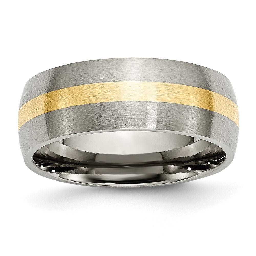 8mm Titanium & 14k Gold Inlay Brushed Domed Standard Fit Band, Item R12041 by The Black Bow Jewelry Co.