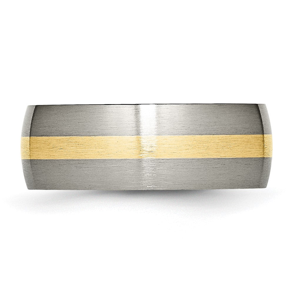 Alternate view of the 8mm Titanium & 14k Gold Inlay Brushed Domed Standard Fit Band by The Black Bow Jewelry Co.