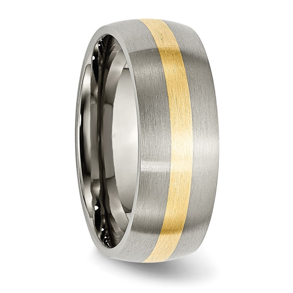 Alternate view of the 8mm Titanium & 14k Gold Inlay Brushed Domed Standard Fit Band by The Black Bow Jewelry Co.