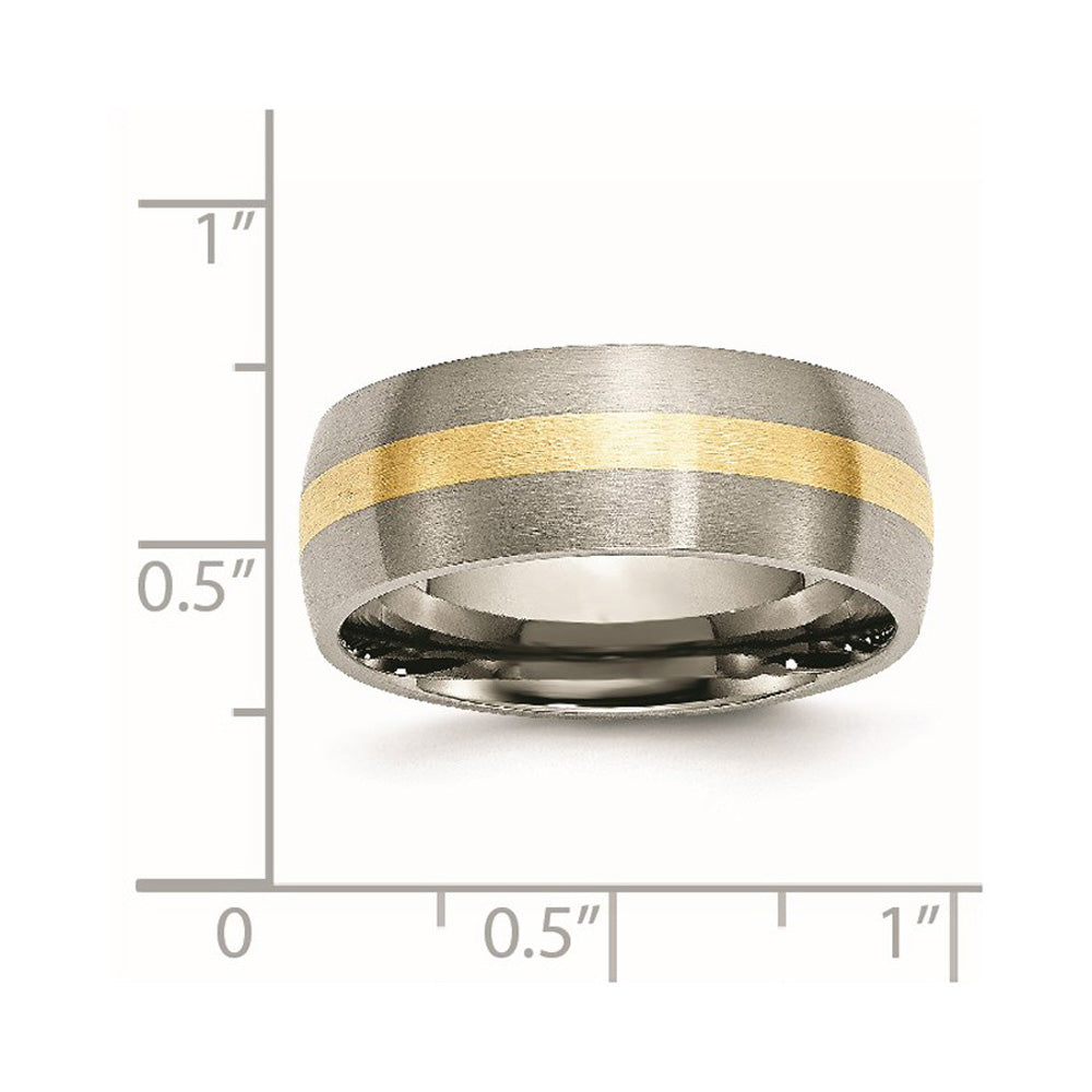 Alternate view of the 8mm Titanium & 14k Gold Inlay Brushed Domed Standard Fit Band by The Black Bow Jewelry Co.