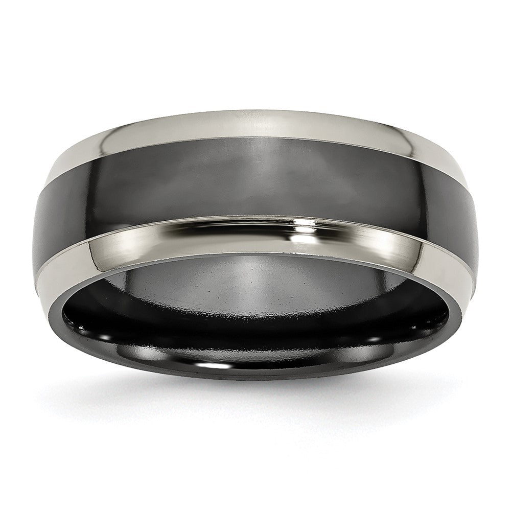 Men&#39;s 8mm Titanium Polished Two Tone Beveled Edge Comfort Fit Band, Item R12042 by The Black Bow Jewelry Co.