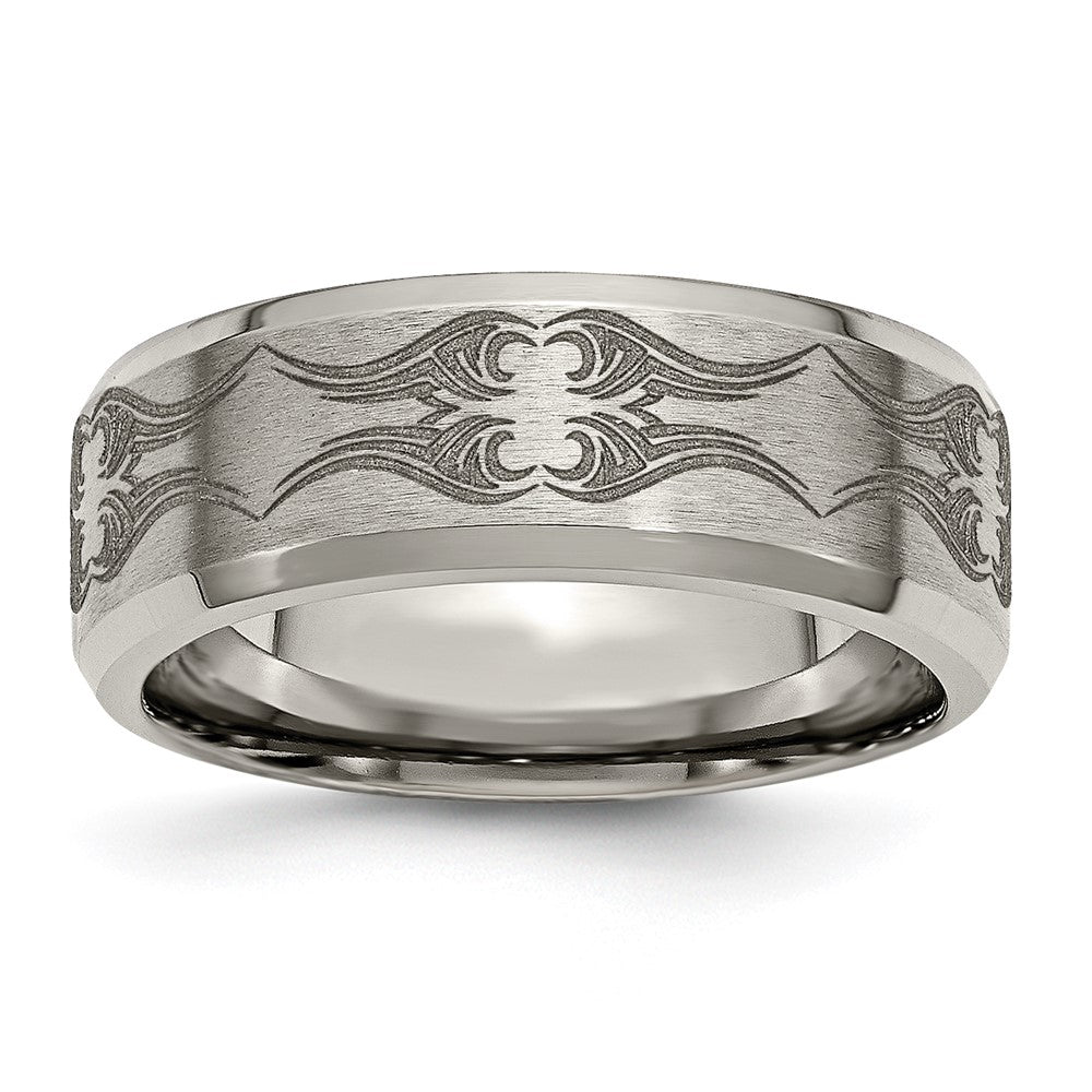 Men's 8mm Titanium Laser Cut Design Beveled Edge Standard Fit Band, Item R12043 by The Black Bow Jewelry Co.
