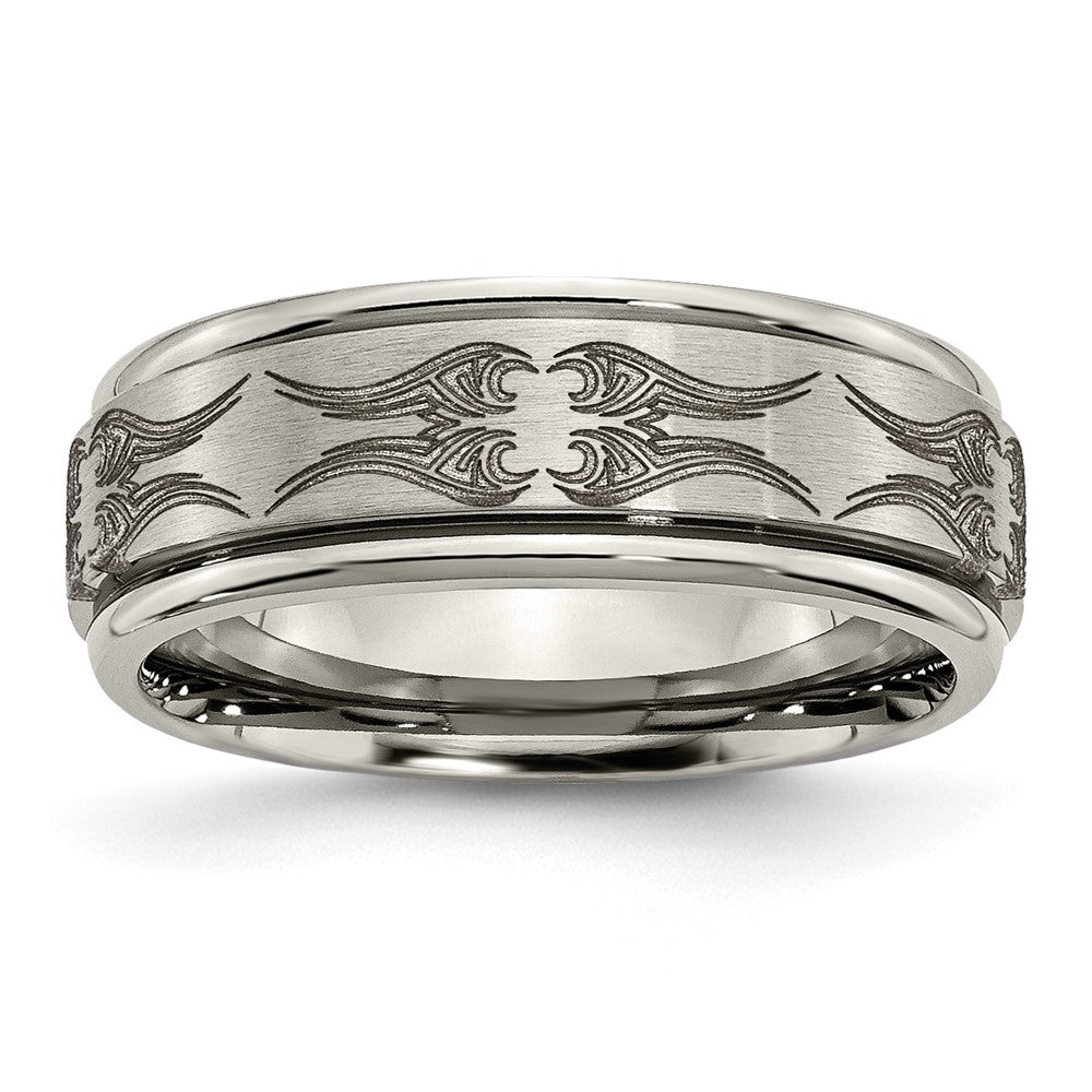 Men&#39;s 8mm Titanium Laser Cut Design Grooved Edge Standard Fit Band, Item R12046 by The Black Bow Jewelry Co.