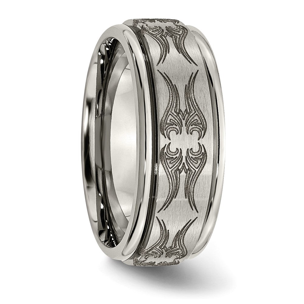 Alternate view of the Men&#39;s 8mm Titanium Laser Cut Design Grooved Edge Standard Fit Band by The Black Bow Jewelry Co.