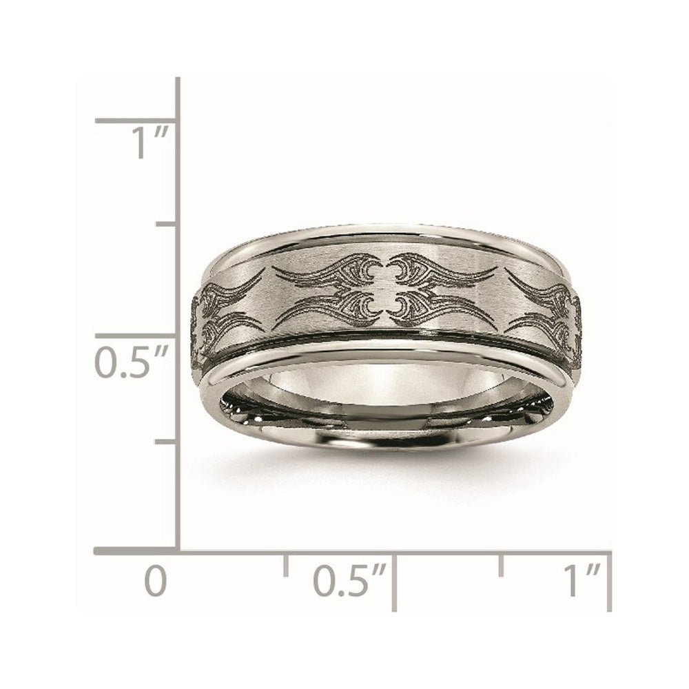 Alternate view of the Men&#39;s 8mm Titanium Laser Cut Design Grooved Edge Standard Fit Band by The Black Bow Jewelry Co.
