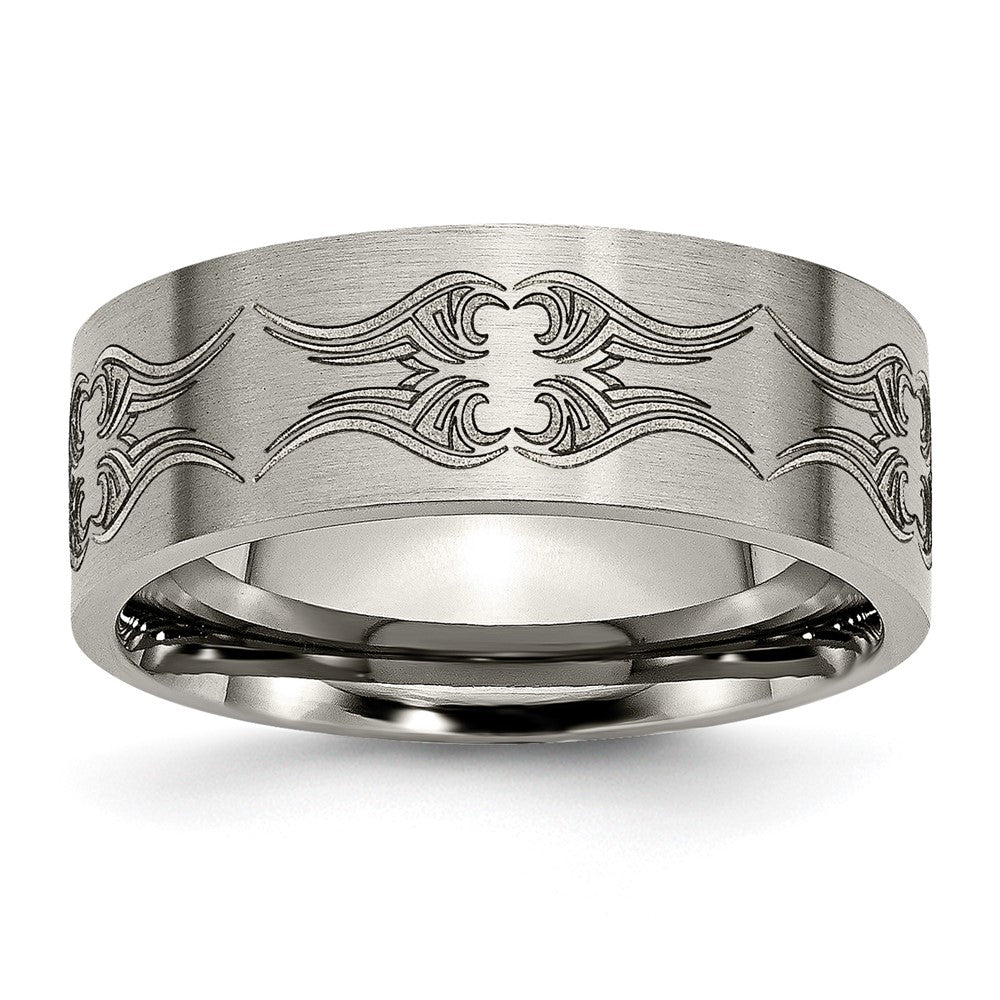 Men&#39;s 8mm Titanium Laser Cut Design Brushed Flat Standard Fit Band, Item R12047 by The Black Bow Jewelry Co.