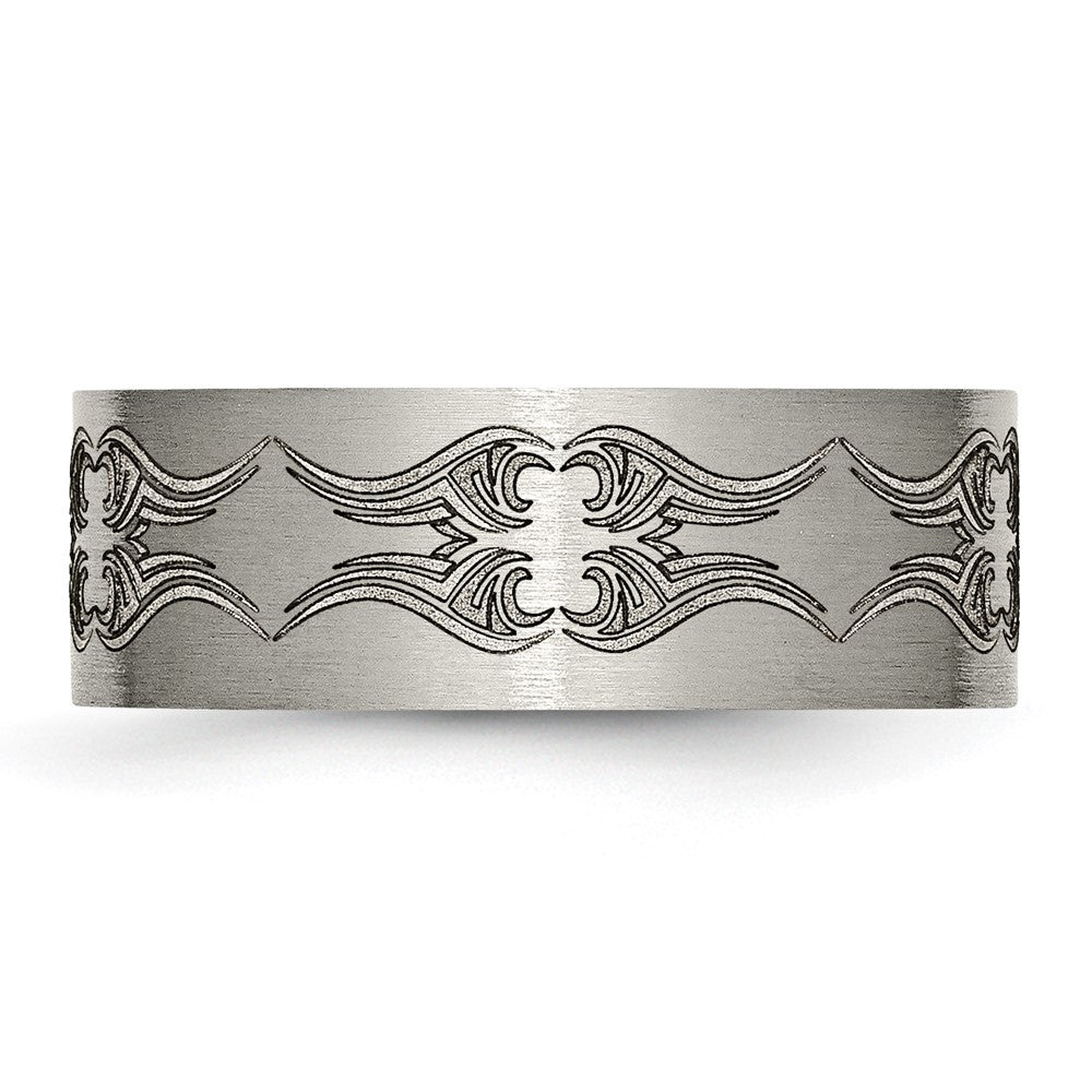 Alternate view of the Men&#39;s 8mm Titanium Laser Cut Design Brushed Flat Standard Fit Band by The Black Bow Jewelry Co.