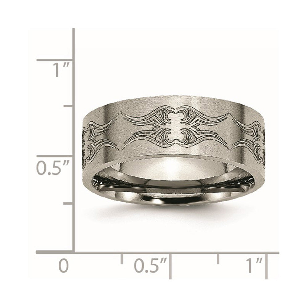 Alternate view of the Men&#39;s 8mm Titanium Laser Cut Design Brushed Flat Standard Fit Band by The Black Bow Jewelry Co.