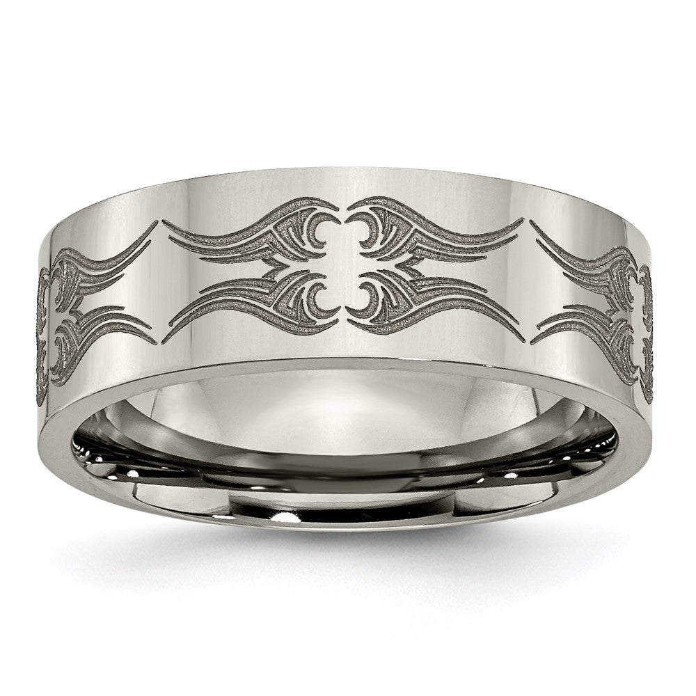 Men's 8mm Titanium Laser Cut Design Polished Flat Standard Fit Band, Item R12048 by The Black Bow Jewelry Co.