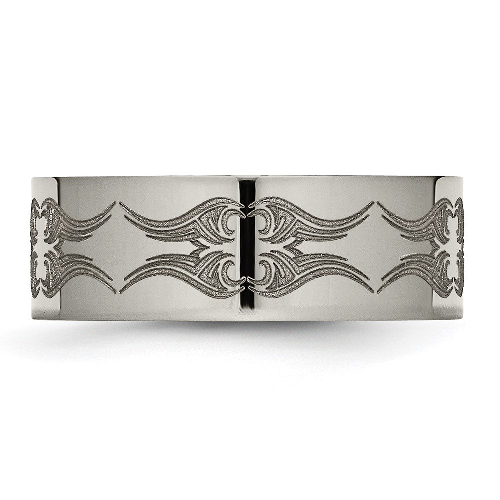 Alternate view of the Men's 8mm Titanium Laser Cut Design Polished Flat Standard Fit Band by The Black Bow Jewelry Co.