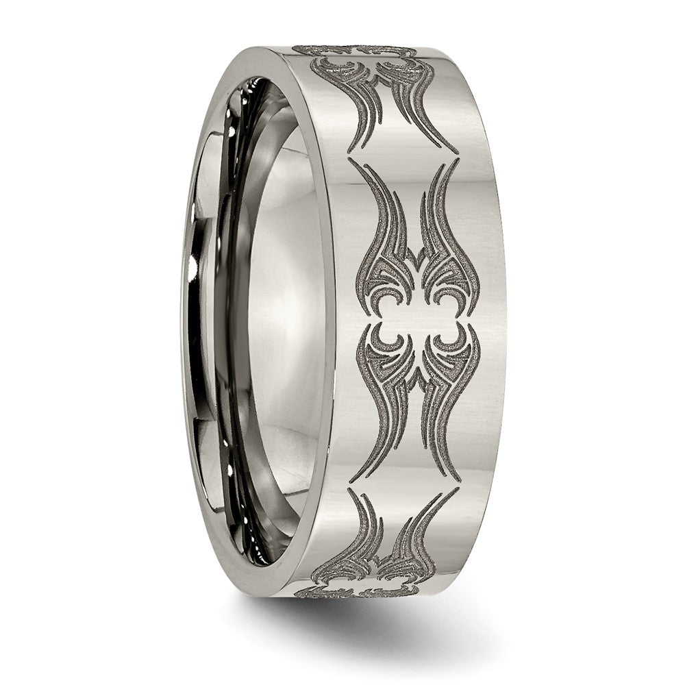 Alternate view of the Men's 8mm Titanium Laser Cut Design Polished Flat Standard Fit Band by The Black Bow Jewelry Co.
