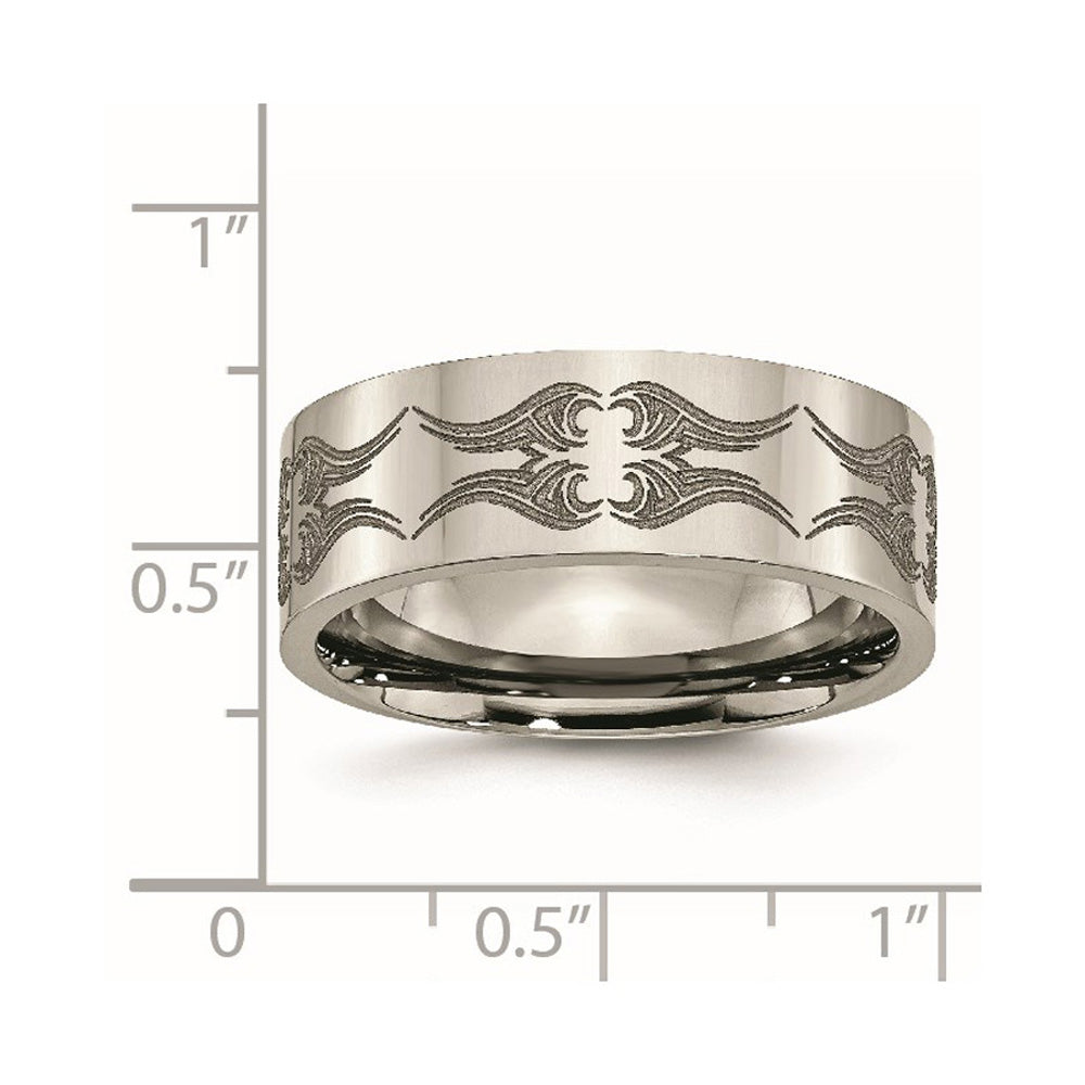 Alternate view of the Men's 8mm Titanium Laser Cut Design Polished Flat Standard Fit Band by The Black Bow Jewelry Co.