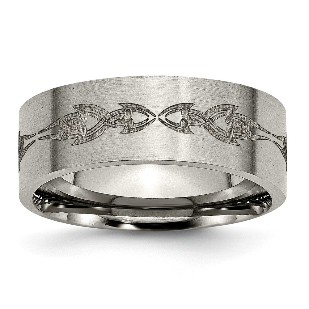 Men&#39;s 8mm Titanium Laser Cut Tribal Brushed Flat Standard Fit Band, Item R12050 by The Black Bow Jewelry Co.