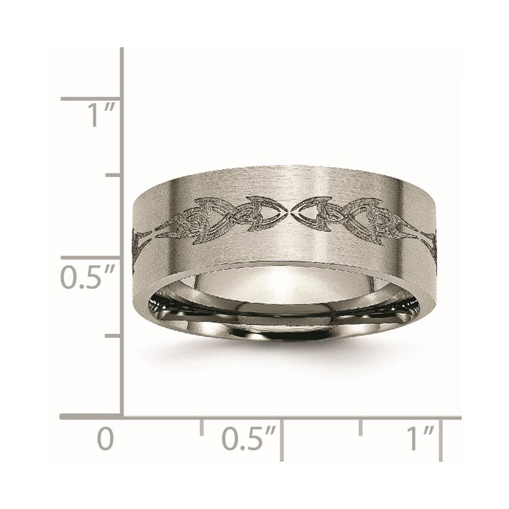 Alternate view of the Men&#39;s 8mm Titanium Laser Cut Tribal Brushed Flat Standard Fit Band by The Black Bow Jewelry Co.