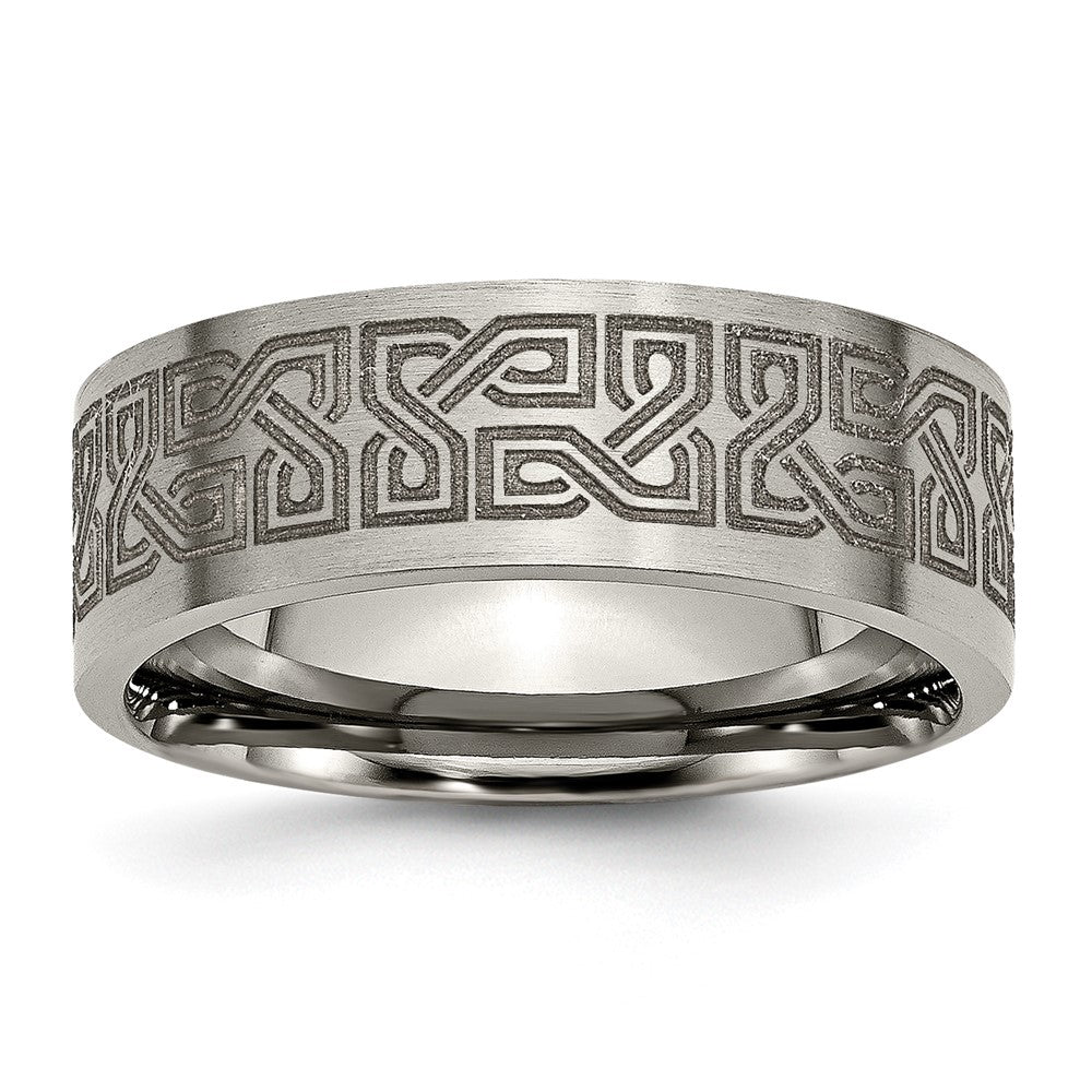 Men&#39;s 8mm Titanium Lasered Greek Key Brushed Flat Standard Fit Band, Item R12052 by The Black Bow Jewelry Co.