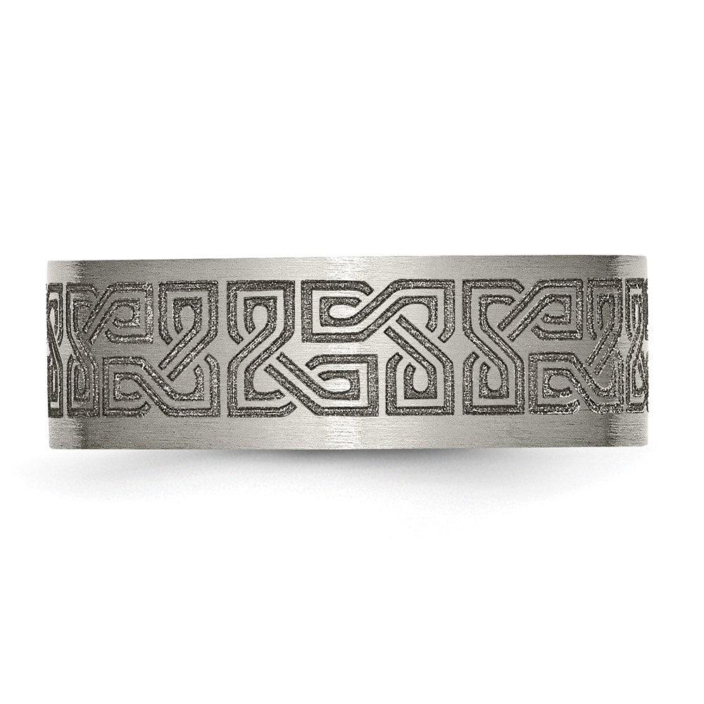 Alternate view of the Men&#39;s 8mm Titanium Lasered Greek Key Brushed Flat Standard Fit Band by The Black Bow Jewelry Co.