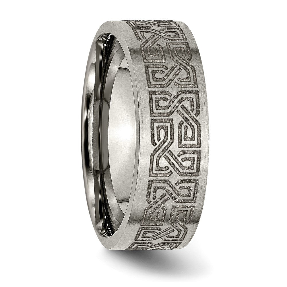 Alternate view of the Men&#39;s 8mm Titanium Lasered Greek Key Brushed Flat Standard Fit Band by The Black Bow Jewelry Co.