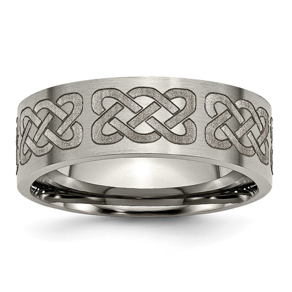 8mm Titanium Etched &amp; Brushed Celtic Design Flat Standard Fit Band, Item R12053 by The Black Bow Jewelry Co.