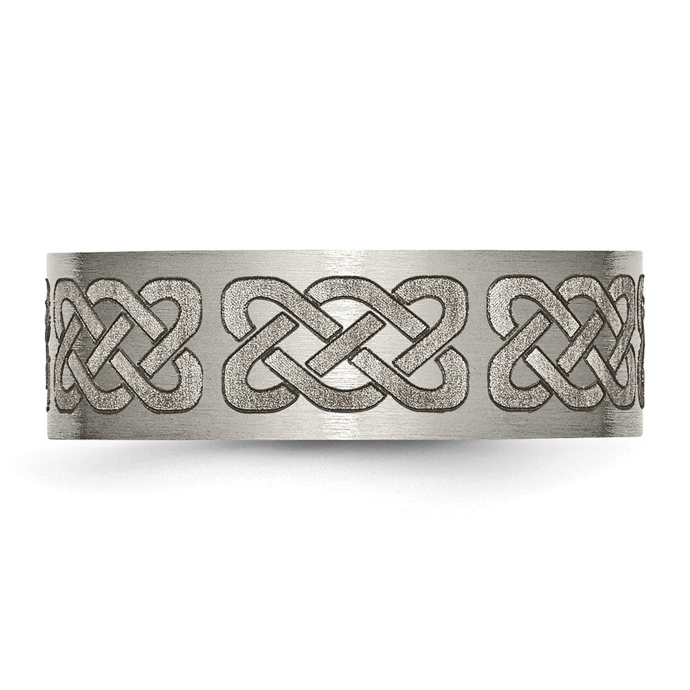 Alternate view of the 8mm Titanium Etched &amp; Brushed Celtic Design Flat Standard Fit Band by The Black Bow Jewelry Co.