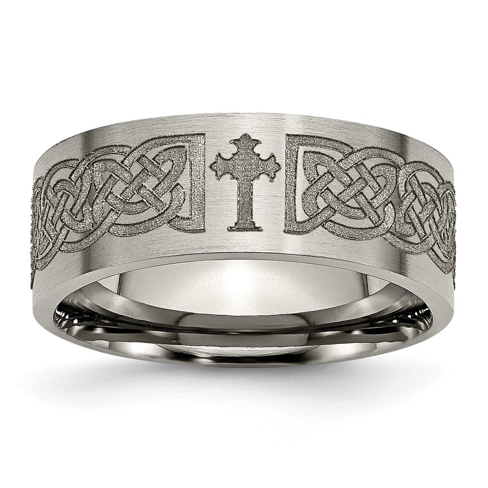 8mm Titanium Celtic Cross Brushed Flat Standard Fit Band, Item R12055 by The Black Bow Jewelry Co.
