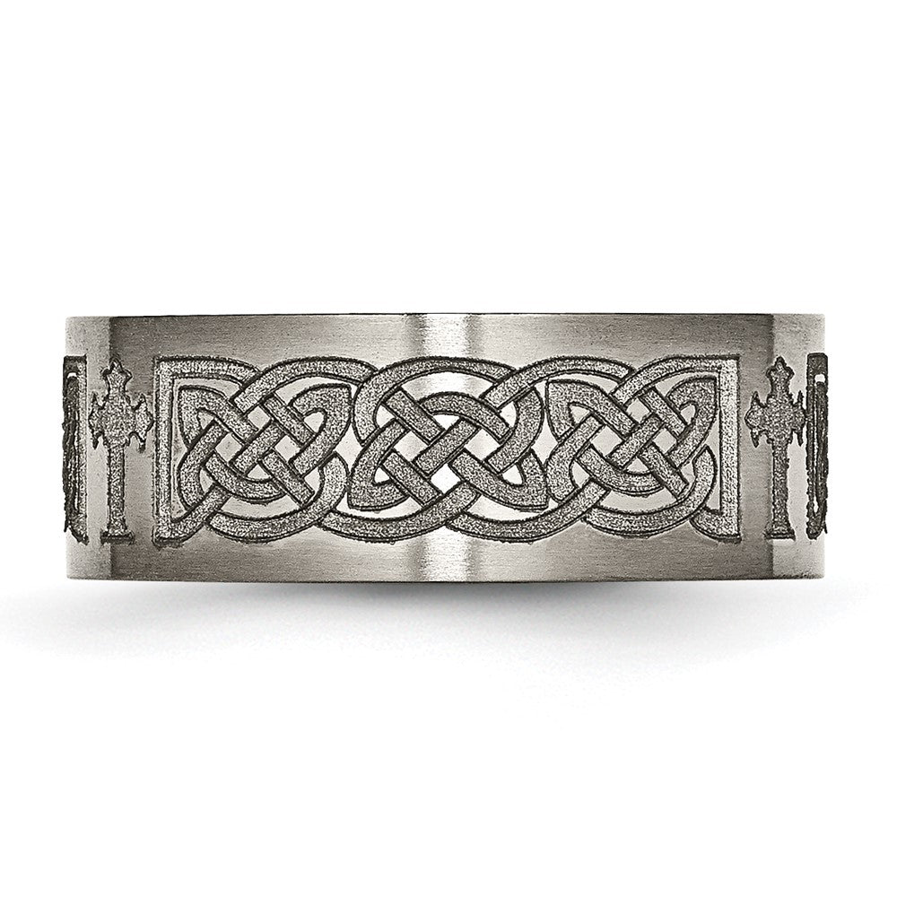 Alternate view of the 8mm Titanium Celtic Cross Brushed Flat Standard Fit Band by The Black Bow Jewelry Co.