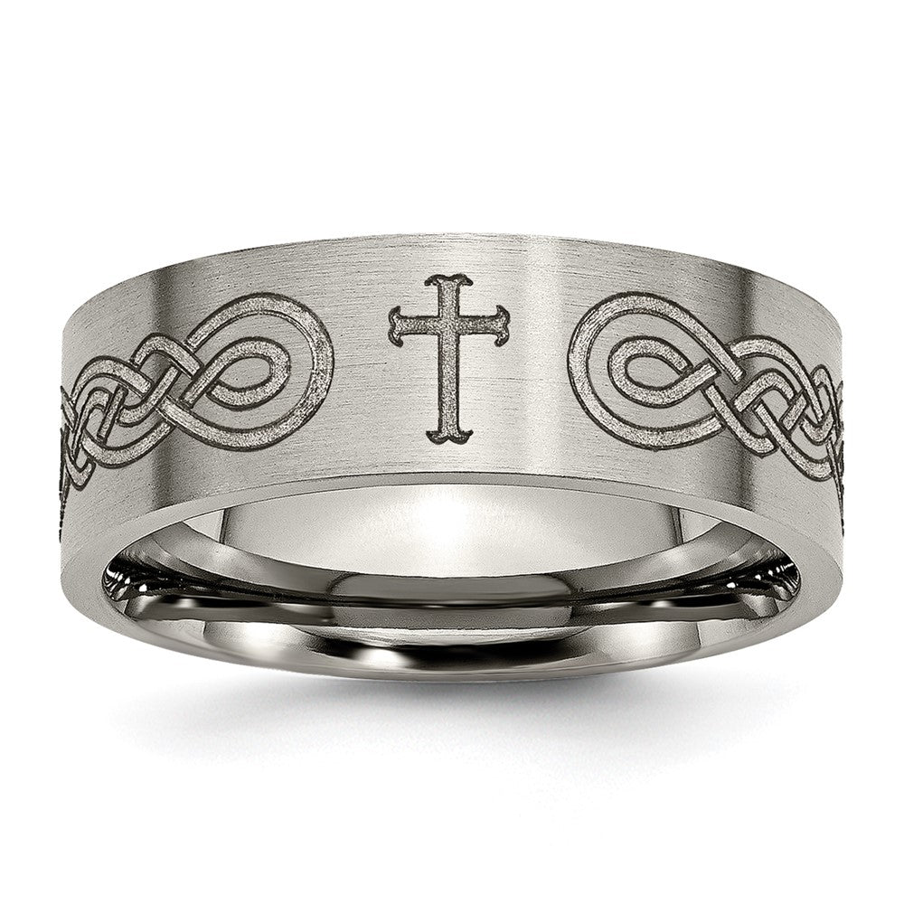 8mm Titanium Laser Etched Cross &amp; Scroll Flat Standard Fit Band, Item R12056 by The Black Bow Jewelry Co.