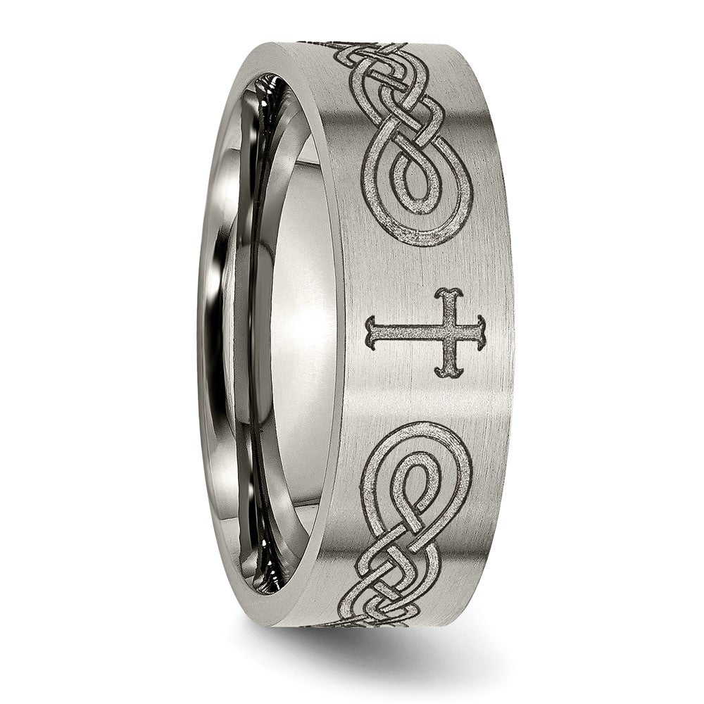 Alternate view of the 8mm Titanium Laser Etched Cross &amp; Scroll Flat Standard Fit Band by The Black Bow Jewelry Co.