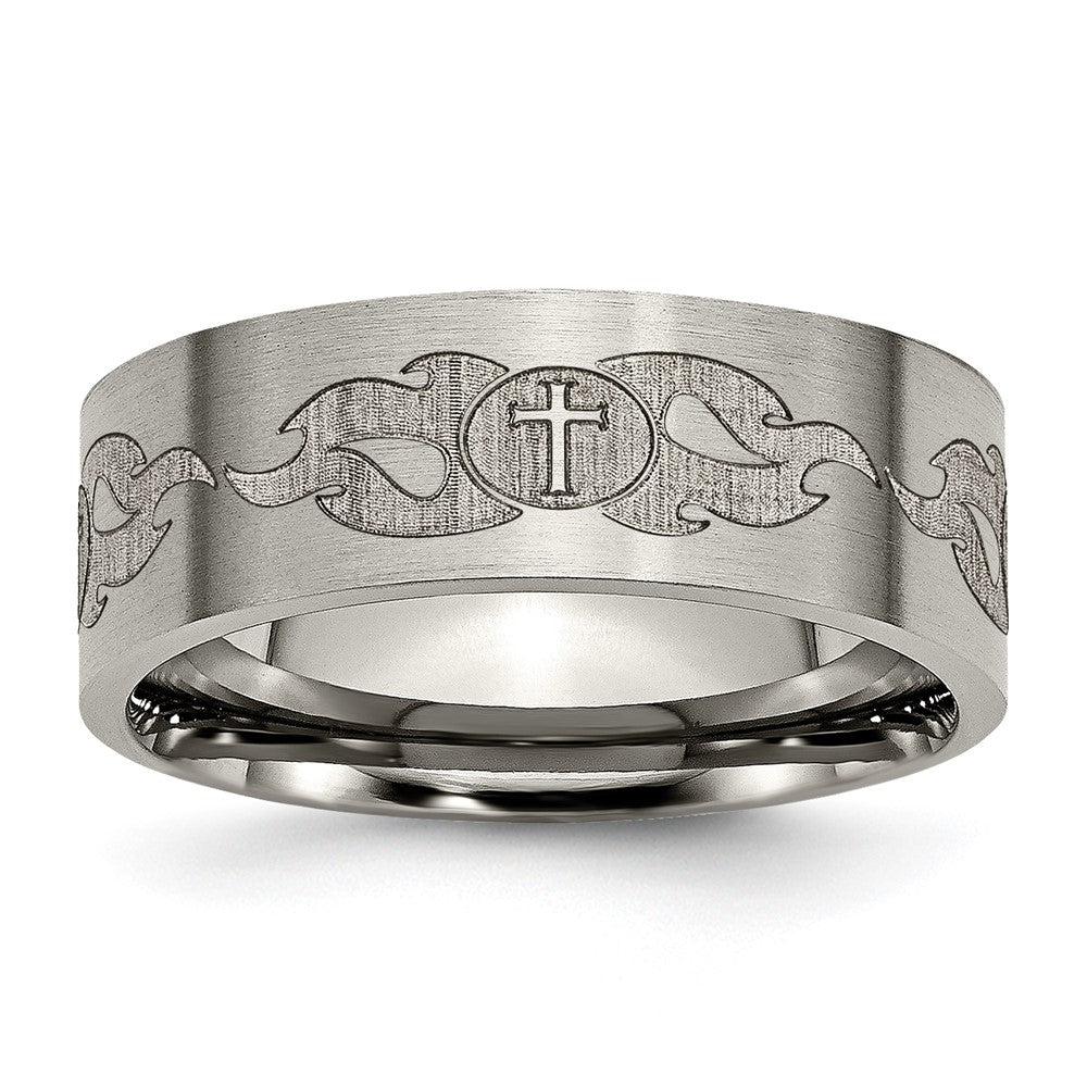8mm Titanium Laser Etched Cross &amp; Flame Flat Standard Fit Band, Item R12057 by The Black Bow Jewelry Co.