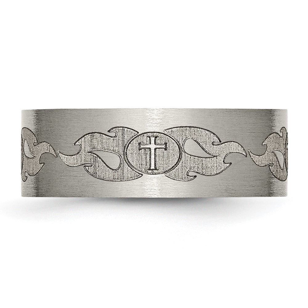 Alternate view of the 8mm Titanium Laser Etched Cross &amp; Flame Flat Standard Fit Band by The Black Bow Jewelry Co.