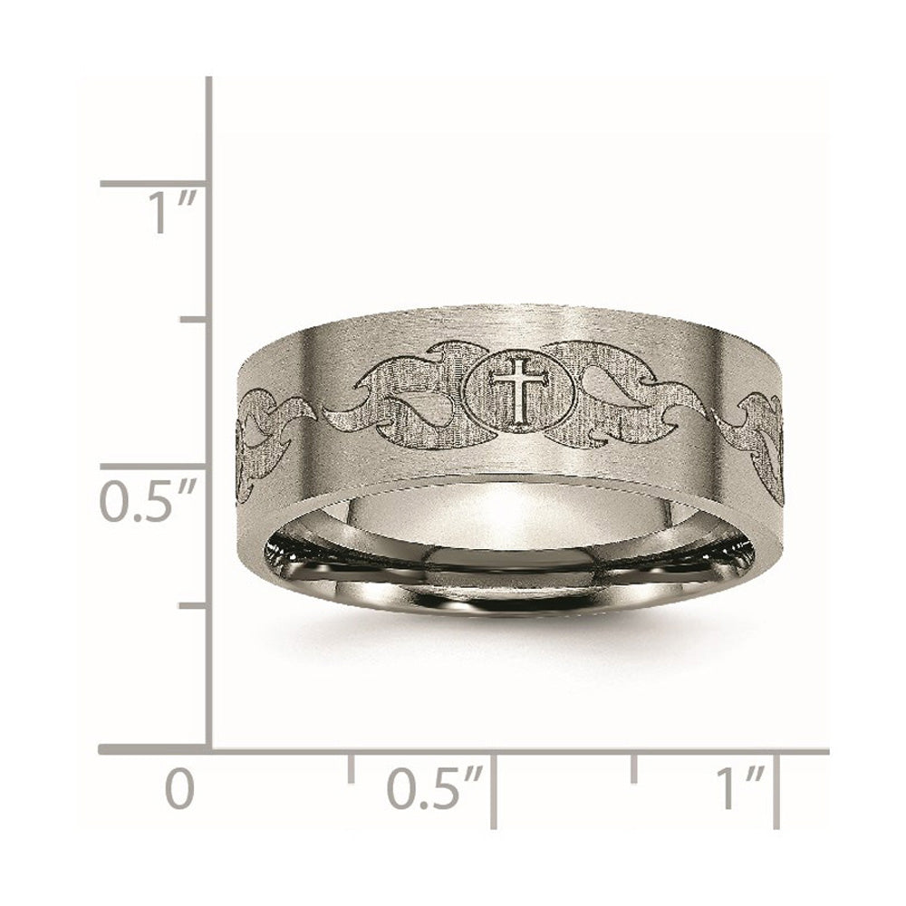 Alternate view of the 8mm Titanium Laser Etched Cross &amp; Flame Flat Standard Fit Band by The Black Bow Jewelry Co.