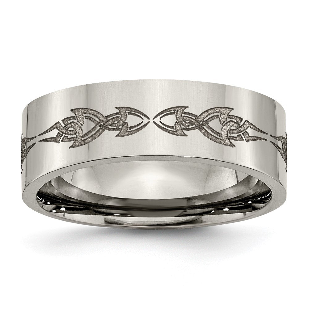 8mm Titanium Etched &amp; Polished Tribal Design Flat Standard Fit Band, Item R12060 by The Black Bow Jewelry Co.