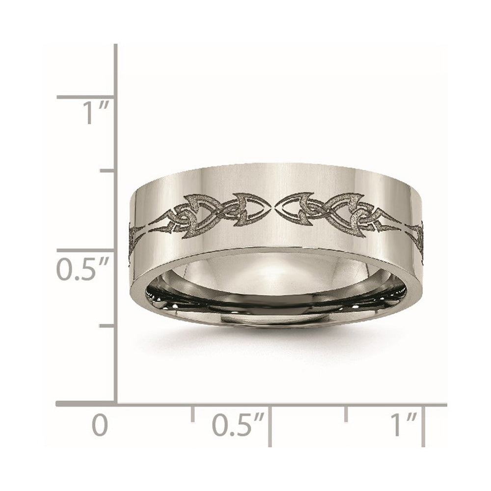 Alternate view of the 8mm Titanium Etched &amp; Polished Tribal Design Flat Standard Fit Band by The Black Bow Jewelry Co.