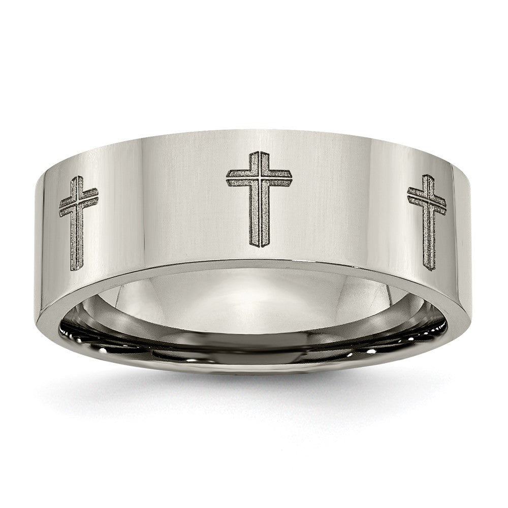 8mm Titanium Polished &amp; Lasered Cross Flat Standard Fit Band, Item R12061 by The Black Bow Jewelry Co.