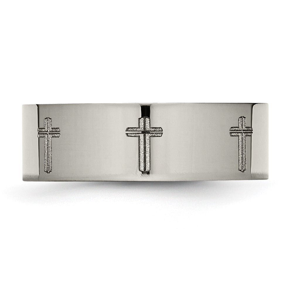 Alternate view of the 8mm Titanium Polished &amp; Lasered Cross Flat Standard Fit Band by The Black Bow Jewelry Co.