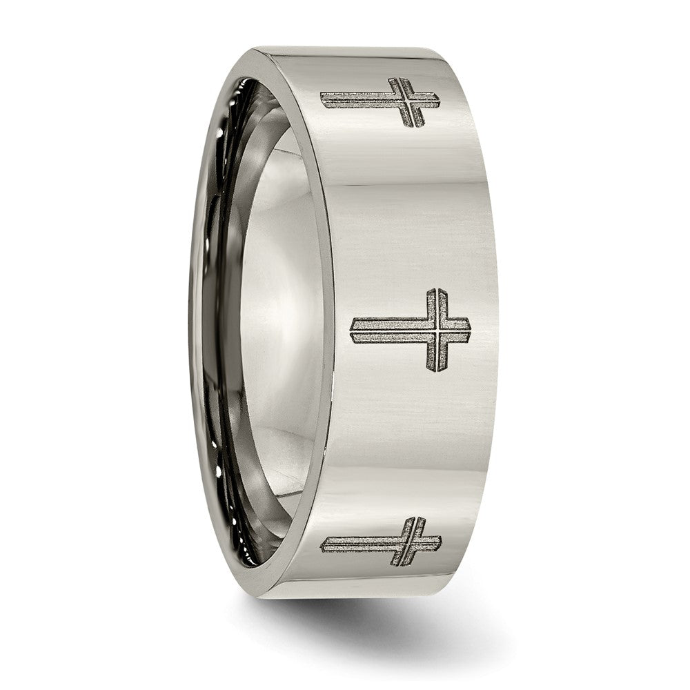Alternate view of the 8mm Titanium Polished &amp; Lasered Cross Flat Standard Fit Band by The Black Bow Jewelry Co.