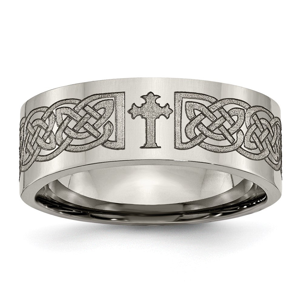 8mm Titanium Lasered Celtic Cross Polished Flat Standard Fit Band, Item R12064 by The Black Bow Jewelry Co.
