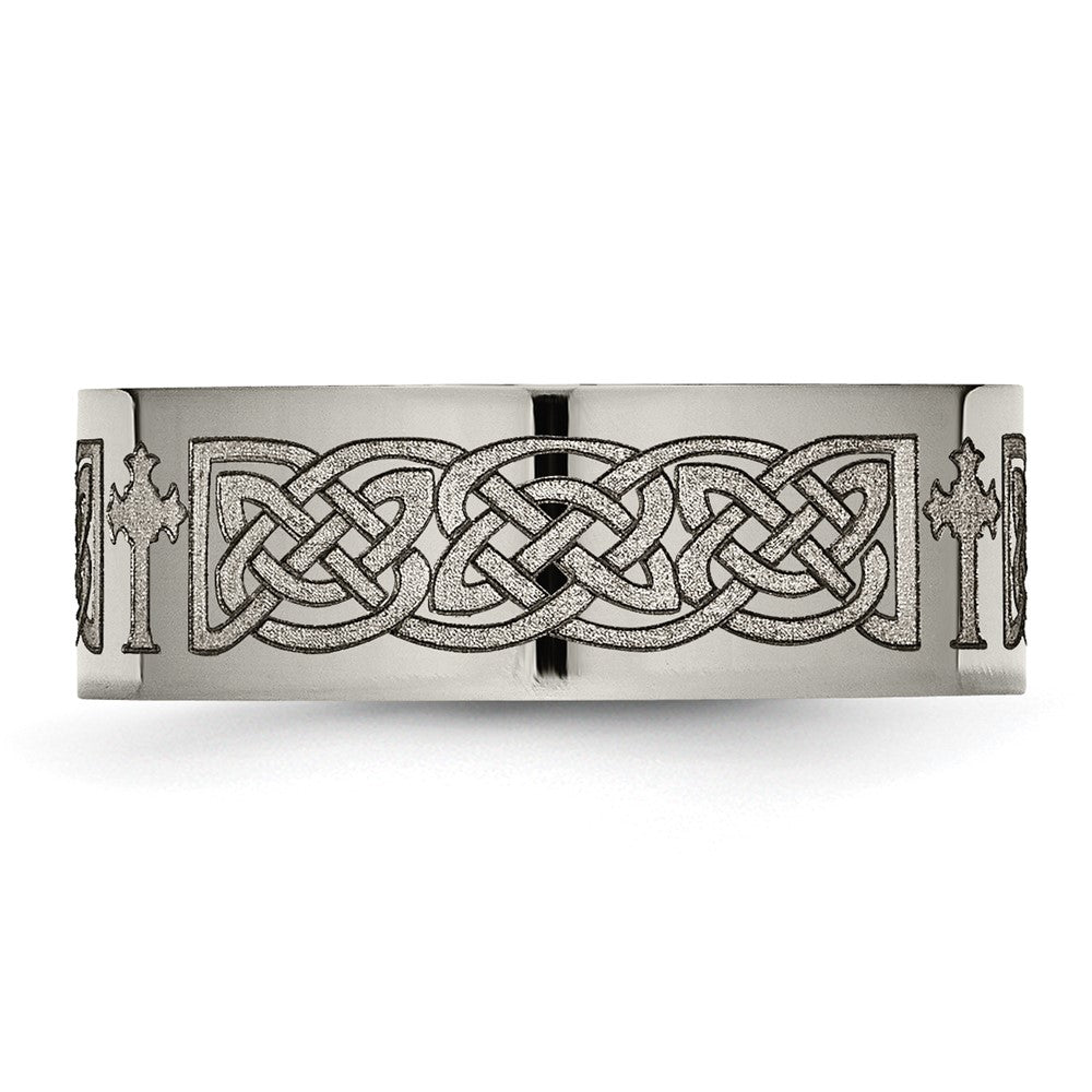 Alternate view of the 8mm Titanium Lasered Celtic Cross Polished Flat Standard Fit Band by The Black Bow Jewelry Co.