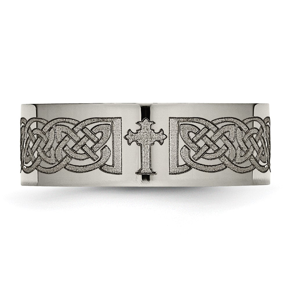 Alternate view of the 8mm Titanium Lasered Celtic Cross Polished Flat Standard Fit Band by The Black Bow Jewelry Co.