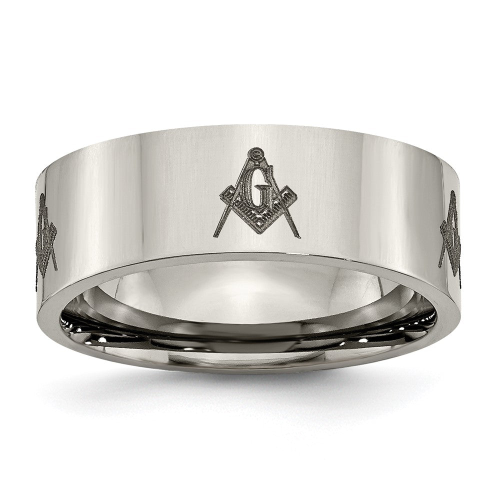 8mm Titanium Polished &amp; Lasered Masonic Flat Standard Fit Band, Item R12065 by The Black Bow Jewelry Co.