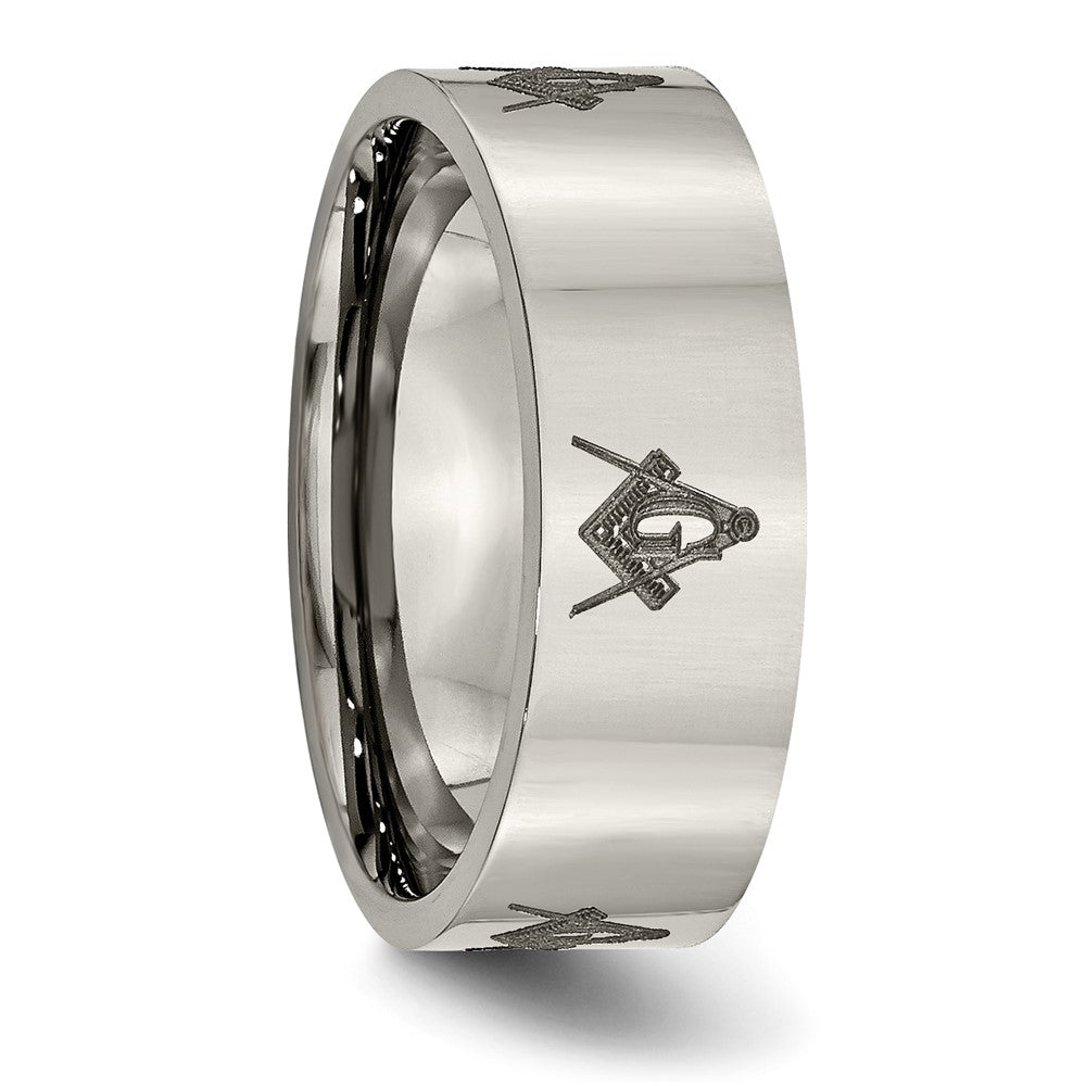 Alternate view of the 8mm Titanium Polished &amp; Lasered Masonic Flat Standard Fit Band by The Black Bow Jewelry Co.