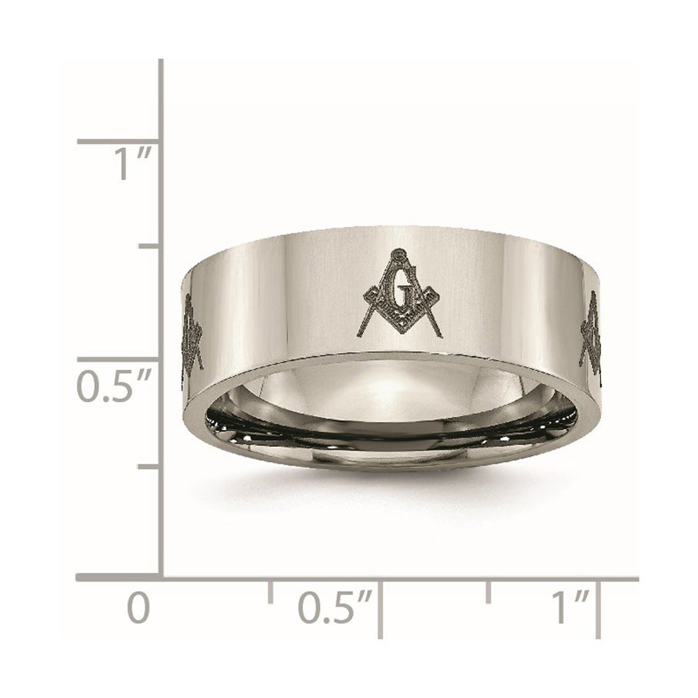 Alternate view of the 8mm Titanium Polished &amp; Lasered Masonic Flat Standard Fit Band by The Black Bow Jewelry Co.