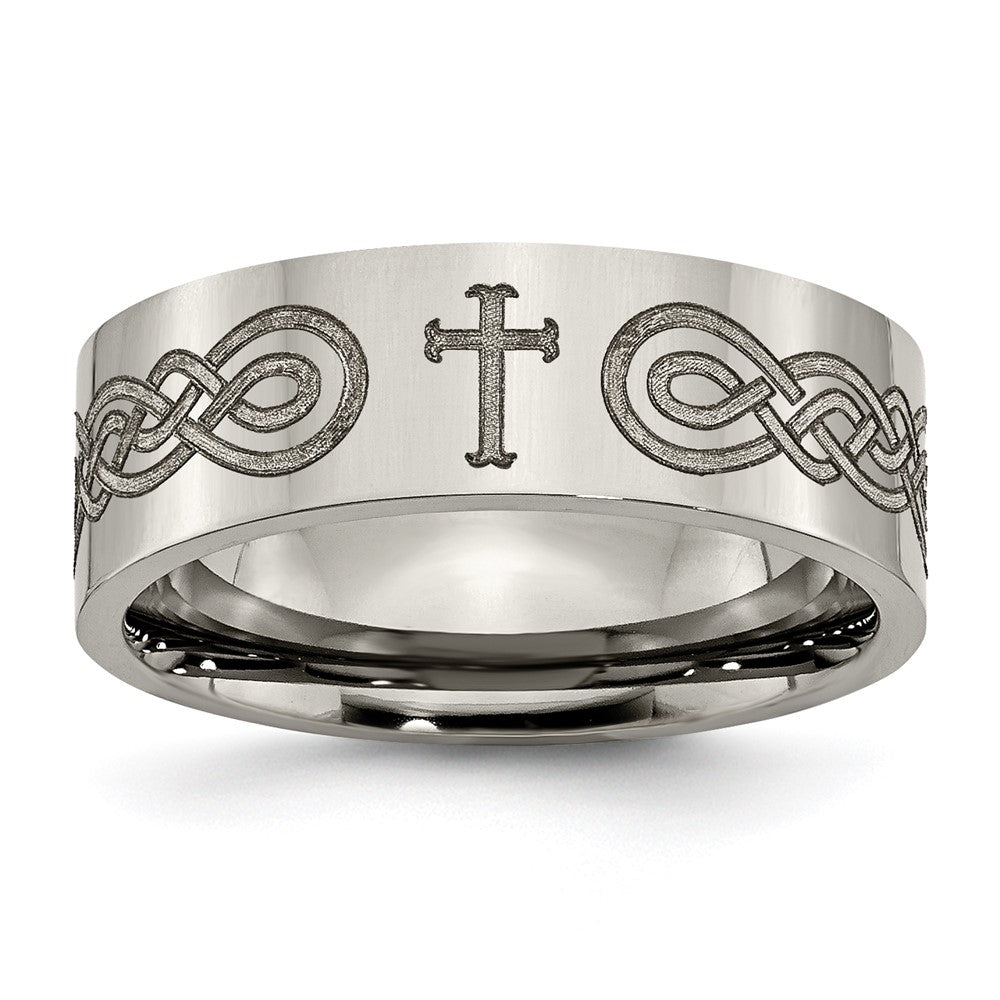 8mm Titanium Polished Cross &amp; Scroll Design Flat Standard Fit Band, Item R12067 by The Black Bow Jewelry Co.