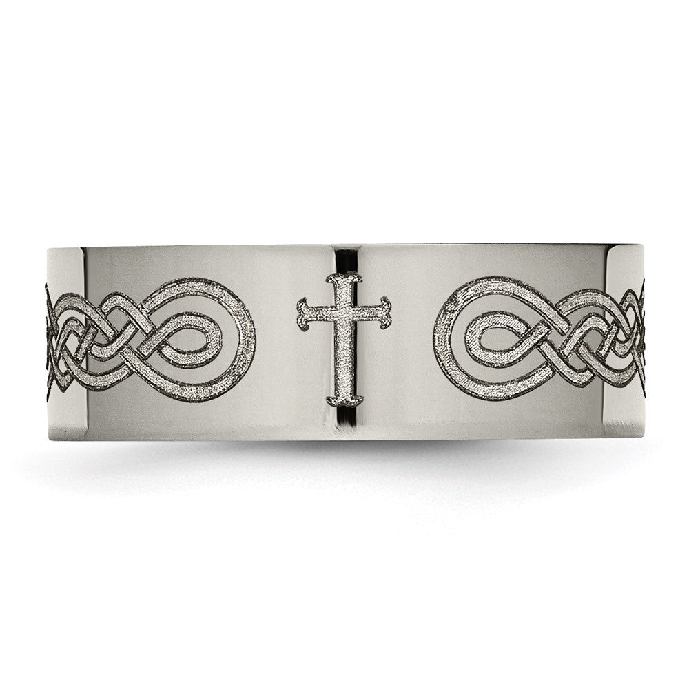 Alternate view of the 8mm Titanium Polished Cross &amp; Scroll Design Flat Standard Fit Band by The Black Bow Jewelry Co.