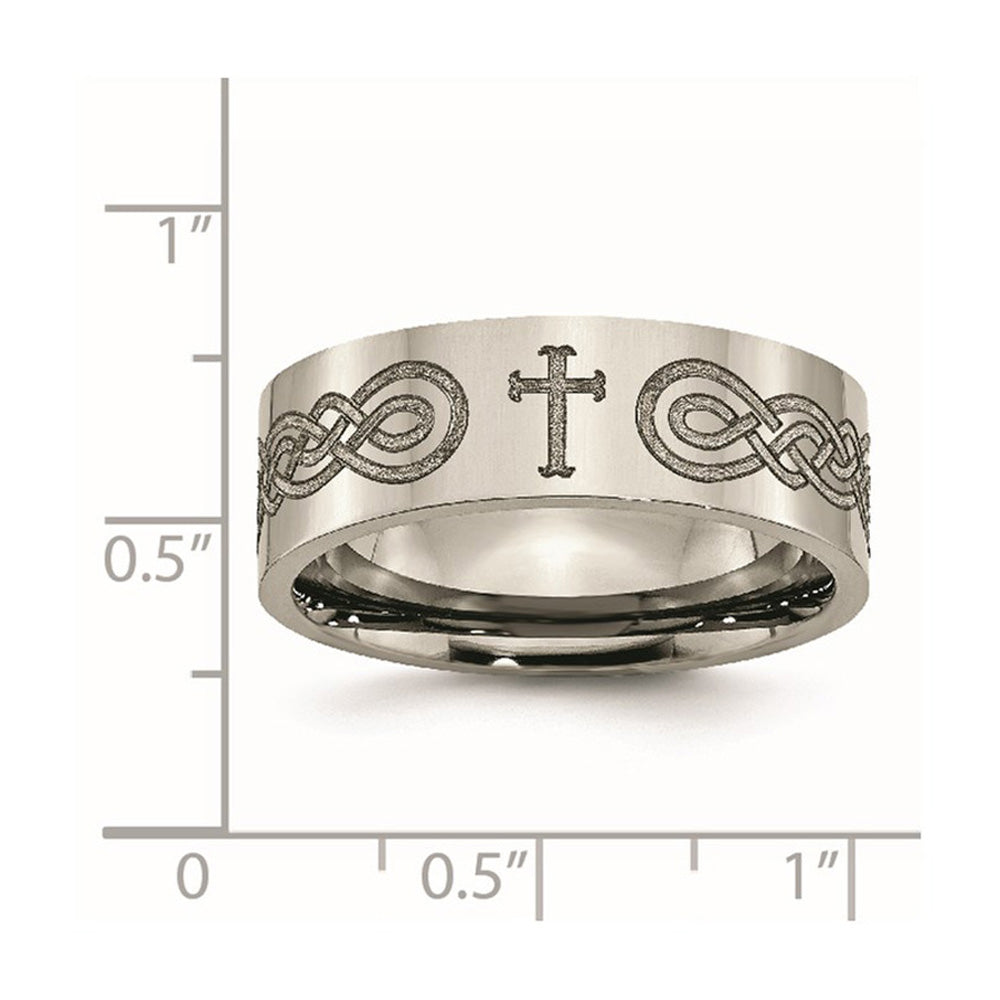 Alternate view of the 8mm Titanium Polished Cross &amp; Scroll Design Flat Standard Fit Band by The Black Bow Jewelry Co.