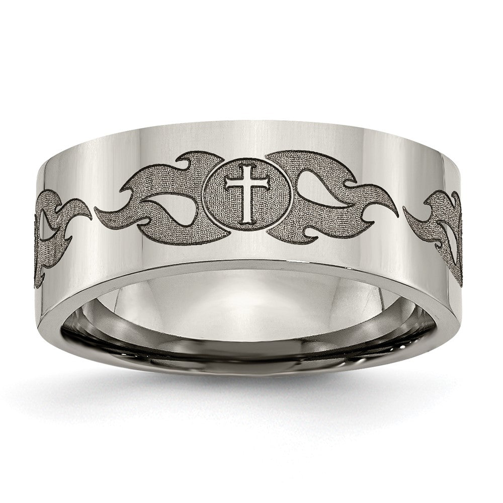 8mm Titanium Polished Cross &amp; Flame Flat Standard Fit Band, Item R12068 by The Black Bow Jewelry Co.