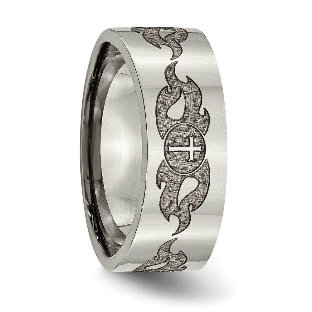 Alternate view of the 8mm Titanium Polished Cross &amp; Flame Flat Standard Fit Band by The Black Bow Jewelry Co.