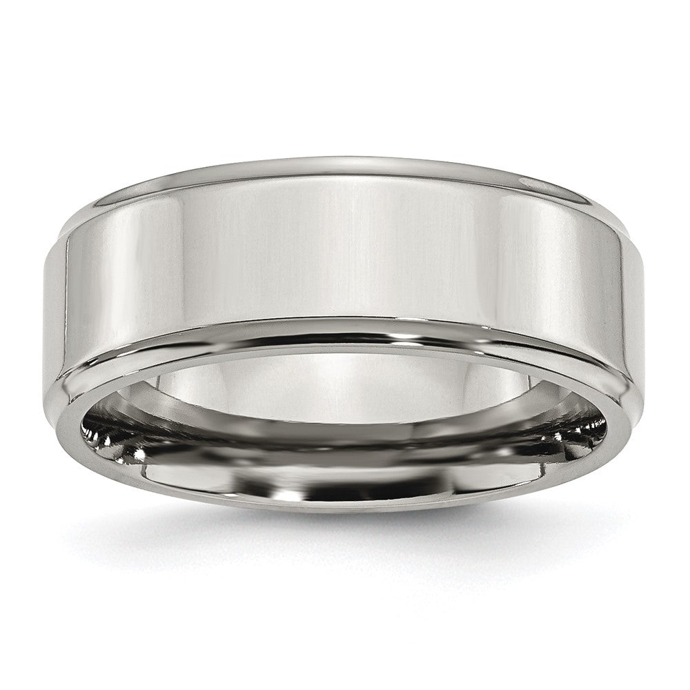 8mm Stainless Steel Polished Ridged Edge Comfort Fit Band, Item R12078 by The Black Bow Jewelry Co.