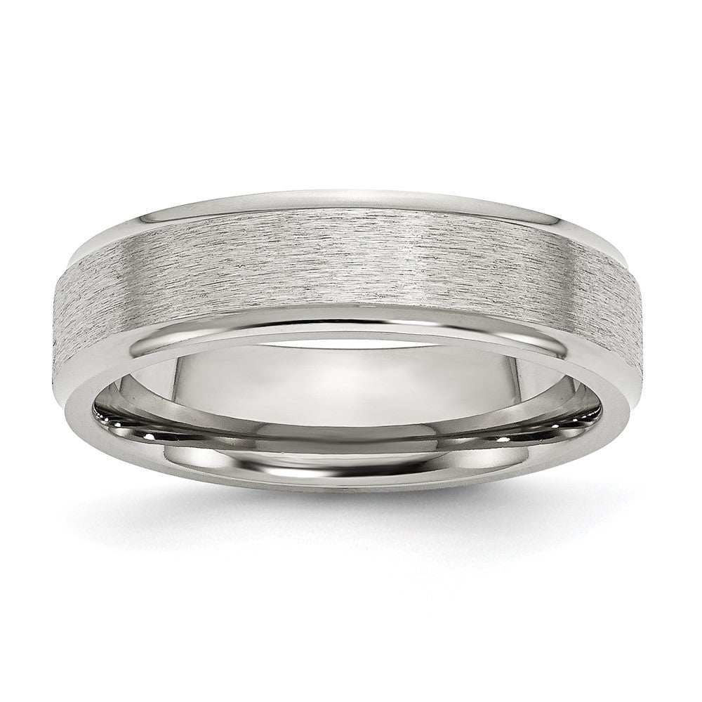 6mm Stainless Steel Brushed Center Ridged Edge Standard Fit Band, Item R12079 by The Black Bow Jewelry Co.