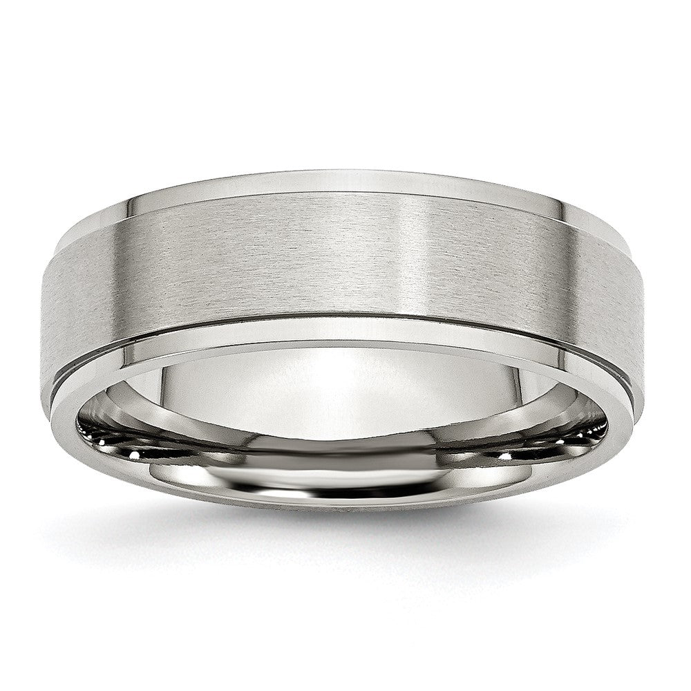 7mm Stainless Steel Brushed Center Ridged Edge Standard Fit Band, Item R12080 by The Black Bow Jewelry Co.